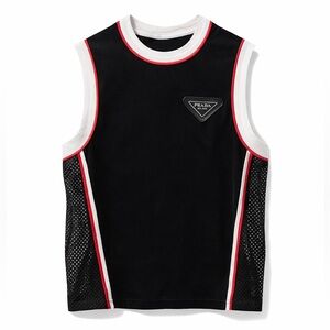 Prada Logo Plaque Mesh Panel Jersey Top